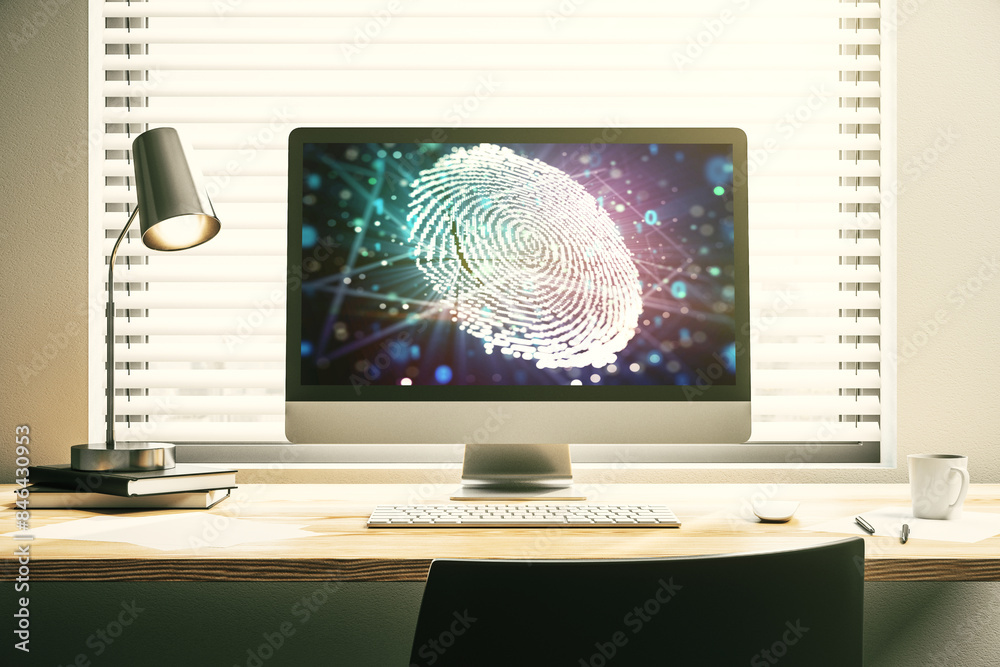 Poster Modern computer display with abstract graphic fingerprint sketch, fingerprint scan data concept. 3D Rendering