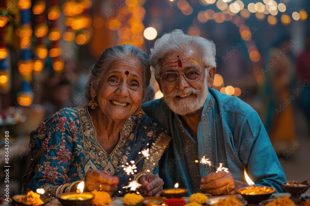Wall mural loving indian old couple decorating for diwali with marigold flowers and diya lamps indoors - Wall murals