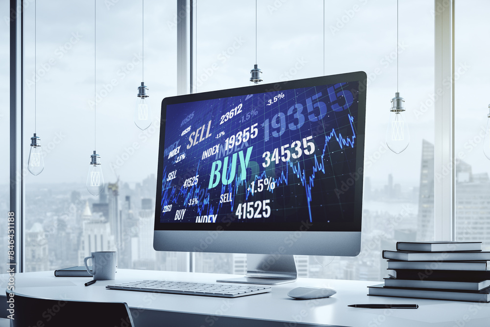 Aufkleber abstract creative financial diagram on modern computer monitor, banking and accounting concept. 3d r