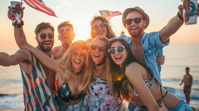 Mixed group of friends celebrating with American flag on the beach, sun setting, sea breeze, energetic and lively atmosphere - Powered by Adobe