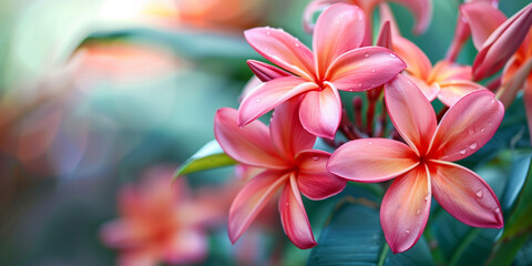 Fototapeta premium Soft-focused image of luscious pink lilies adorned with morning dew and a diffused bokeh background
