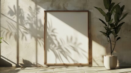 Empty wooden frame leaning against a wall with plant and shadow on the floor during sunlight, ideal for artwork or interior design.