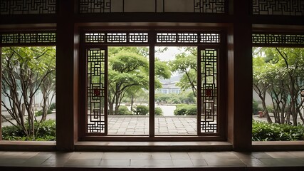 Fototapeta premium Generative AI. Enter a world of timeless beauty with this charming Chinese-style room. The delicate wooden doors and windows showcase the artistry and attention to detail that defines luxury.