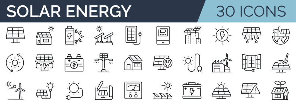 Set of 30 outline icons related to solar energy. Linear icon collection. Editable stroke. Vector illustration
