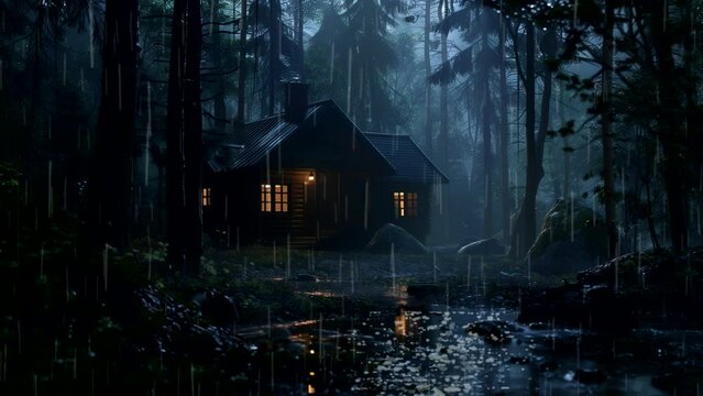 cabin in a dark forest during the rainy season. looping time-lapse video