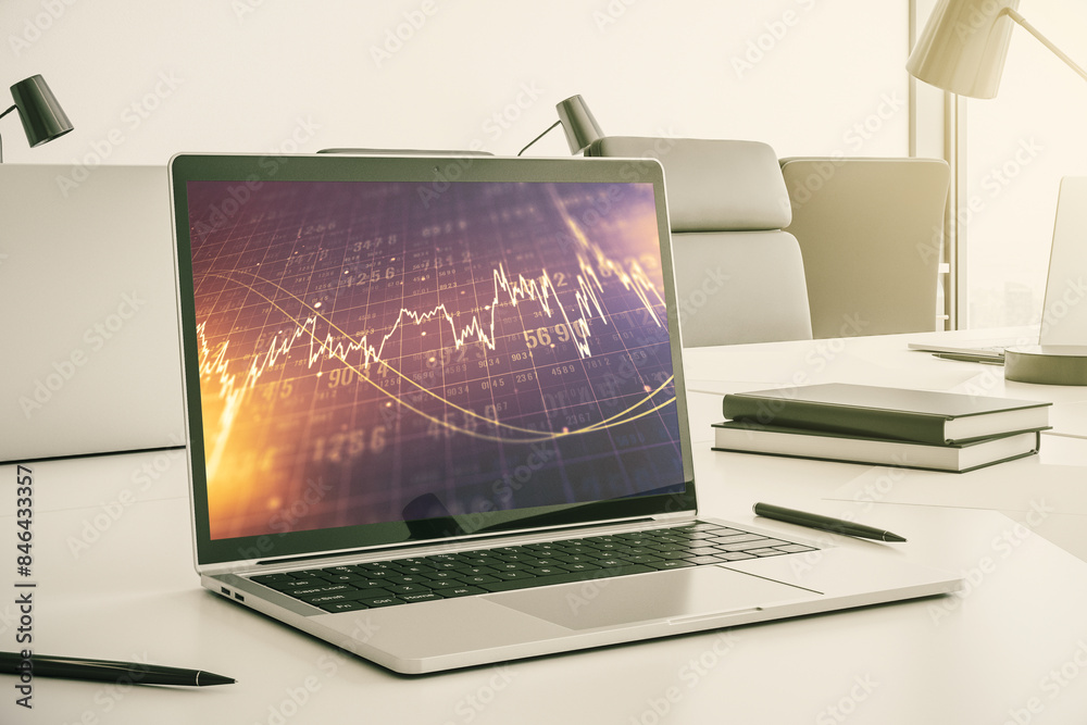 Poster Modern computer display with abstract financial graph, financial and trading concept. 3D Rendering