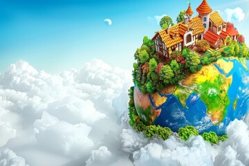 Miniature village on a floating globe surrounded by clouds, illustrating a peaceful and eco-friendly environment with a creative fantasy design, Gernerative AI