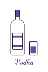 Bottle and glass of vodka linear icons. Beverages with wineglasses in flat design. Outline violet alcohol drinks isolated on white background. Thin line objects. Vector illustration.