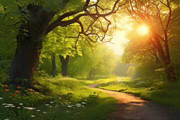 Obraz premium Spring forest path, Nature sunrise, Nature background, landscape background, landscape Nature trees 