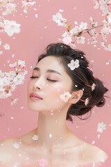 Serene Woman Relaxing in Onsen with Cherry Blossoms on Pink Background