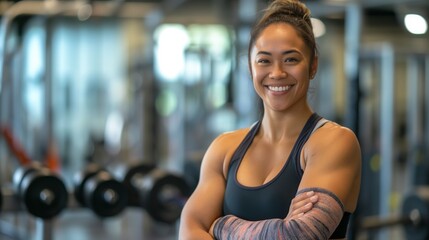 Fototapeta premium Confident Pacific Islander Female Fitness Trainer Smiling in Gym Environment, Ideal for Health and Wellness Stock Photos