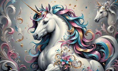 Fantasy Illustration of a wild unicorn Horse. Digital art style wallpaper background in pastel colors.