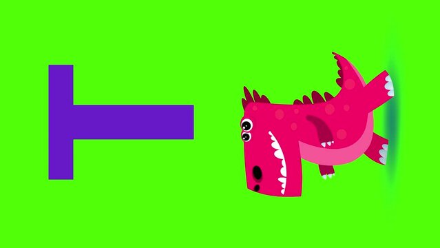 T letter big color vertical like tyrannosaurus cartoon animation. Animal dino loop. Educational serie with bold style character for children. Good for education movies, presentation, learning alphabet