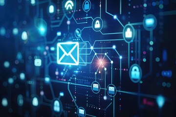 Cyber Security Concept with Encrypted Email Symbol and Security Icons on Digital Interface