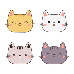Cat face head icon set. Cute kitten kitty animal. Contour line doodle. Different emotions, colors. Cartoon kawaii funny character. Sticker print. Childish style. Flat design. White background Vector
