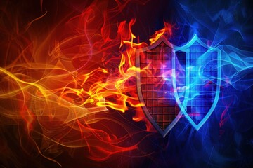 Fiery Network Defense: Abstract Firewall Concept with Shields and Flames for Enhanced Security