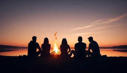 silhouette of  A group of friends camping around a crackling bonfire, sunset view
