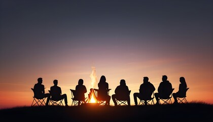 Fototapeta premium silhouette of A group of friends camping around a crackling bonfire, sunset view 