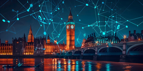 England telecommunication and data transfer networks with global internet connectivity for communication technology. Includes IoT, finance, business, blockchain, and security