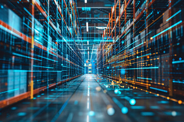 A modern warehouse with rows of storage racks illuminated by LED indicators, showcasing efficient inventory management in a high-tech setting