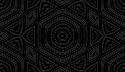 Embossed black background, tribal cover design. Geometric creative 3D pattern, business card. Ethnic ornaments, handmade, boho motifs of the East, Asia, India, Mexico, Aztec, Peru.