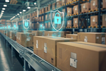 Modern warehouse with conveyor belt system and digital security graphics, highlighting secure logistics and supply chain management
