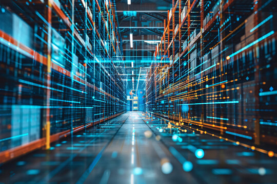 A modern warehouse with rows of storage racks illuminated by LED indicators, showcasing efficient inventory management in a high-tech setting