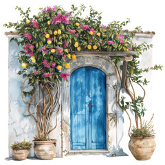 Watercolor illustration of a white house with blue door and yellow flowers