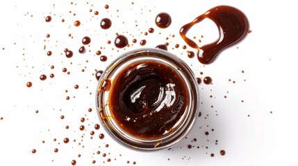 Overhead shot of Hoisin Sauce jar with sauce spilling out slightly, highlighting its rich color and viscosity, isolated background