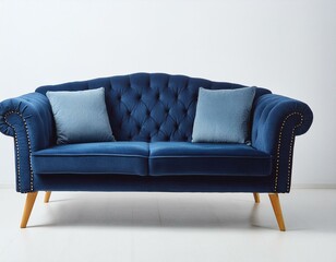 Dark blue suede couch on wooden legs white background