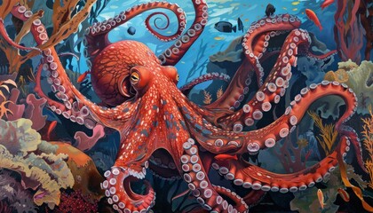 Obraz premium Exploring the Intriguing World of the Big Red Reef Octopus - AR 7:4