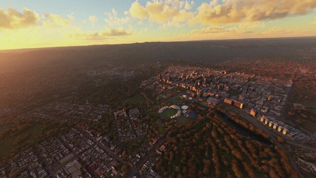Sunset aerial drone view of Adelaide Oval Stadium in North Adelaide - South Australia. Australia