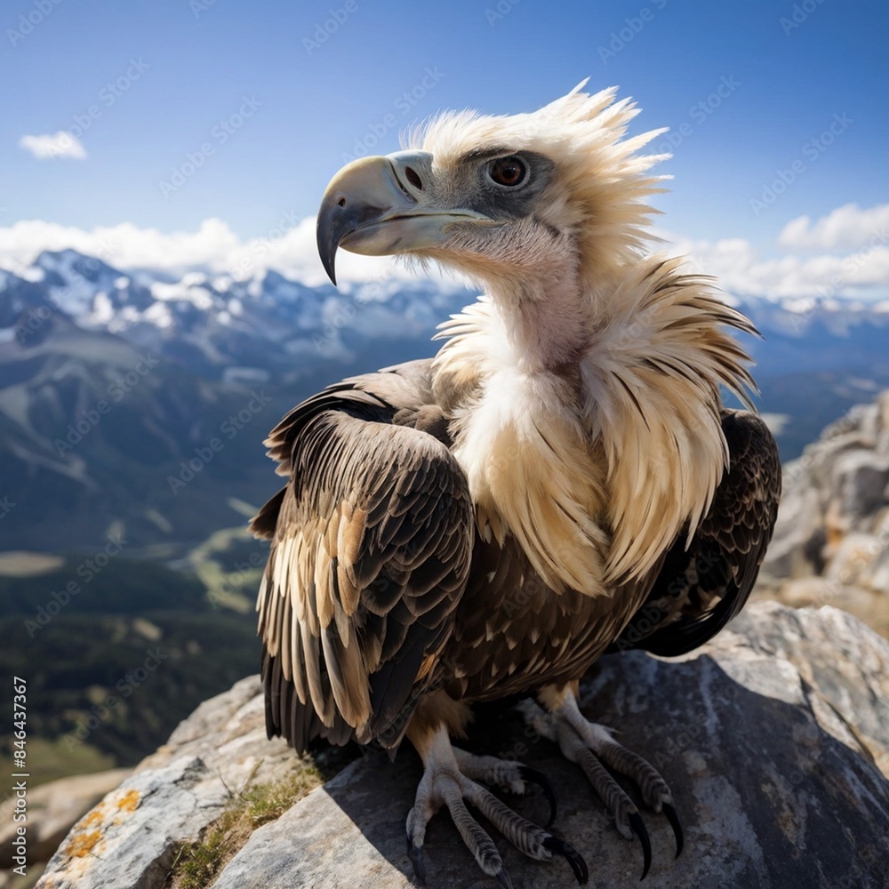 Poster AI-generated illustration of a close-up of a bird perched on a mountain boulder