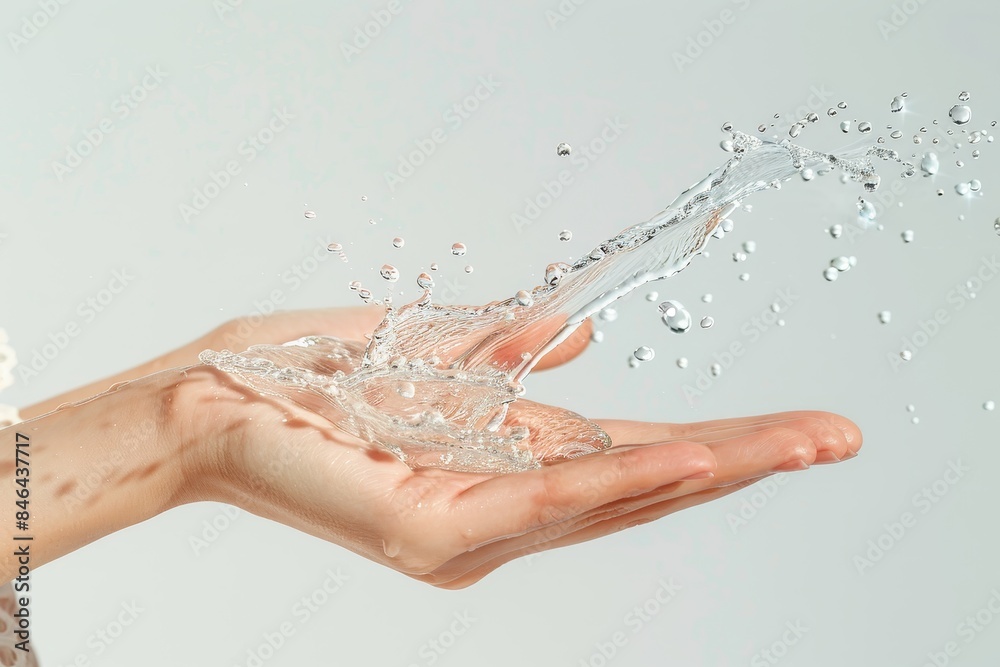 Poster dynamic splash of clear water from a hand, emphasizing purity, freshness, and the fluid motion of cl