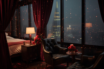 the atmosphere of the room in the hotel on the highest floor with a view of the city centre in the rain