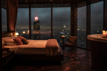 the atmosphere of the room in the hotel on the highest floor with a view of the city centre in the rain