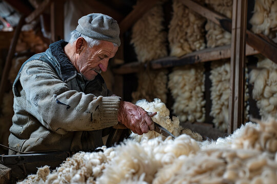 Traditional Wool Processing from Sheep in Rural Workshop  