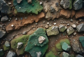Colorful dark stones in shades of green close up on dark sand. Background, texture, stones.