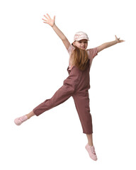 Cute little girl dancing on white background