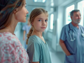 Fototapeta premium A young girl is in a hospital room with her mother and a doctor