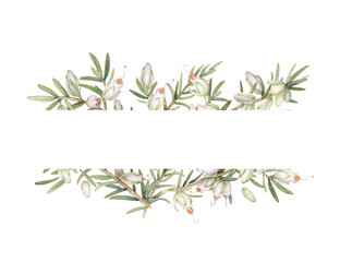 White Heather Flowers and Buds Cutout Frame. Watercolor floral composition for invitations, postcards and other stationery
