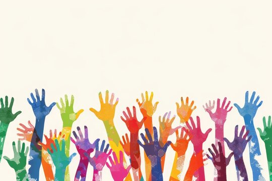 Colorful painted hands raised in celebration, symbolizing diversity, creativity, unity, and the joyful expression of community and inclusion, Gernerative AI