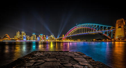 Naklejka premium Sydney Harbour Bridge illuminated during the light festival