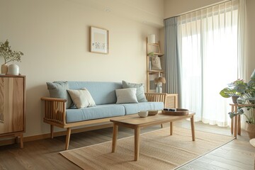 Simple living room with a grey sofa, yellow pillows and coffee table. There is an empty picture frame on the wall