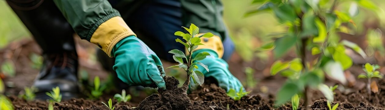 A professional gardener teaching tree planting techniques outdoors