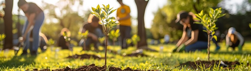 A sunny day with volunteers planting trees in a public park