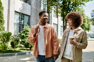 An African American couple walks hand-in-hand, communicating through sign language.