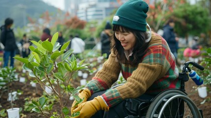 A woman in a wheelchair participating in a tree planting event