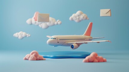 A whimsical 3D illustration of an airplane soaring among clouds with floating envelopes on a clear blue sky background.