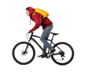 Smiling man with backpack riding bicycle on white background